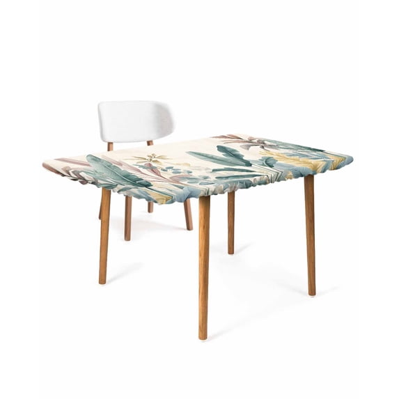Sage Green Tropical Leaves Rectangle Tablecloth, Waterproof Elastic Fitted Table Covers for 5 Foot Tables, 30x60inch Decorative Tablecloths for Picnic, Camping, Indoor, Outdoor, Watercolor Botanical