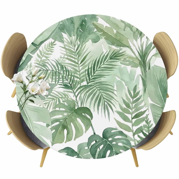 Sage Green Tropical Leaves Round Tablecloth 36-44 Inch Round Fitted Table Cloth with Elastic Edge, Summer Botanical Farmhouse Waterproof Table Cover Protector for Outdoor Picnic Party Dining