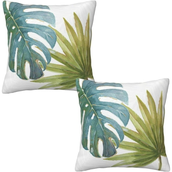 Sage Green Tropical Leaves Throw Pillow Covers Set of 2 Decorative Palm Leaf Couch Pillow Case Plant Outdoor Cushion Covers for Patio Bedroom Living Room, 18" x 18"