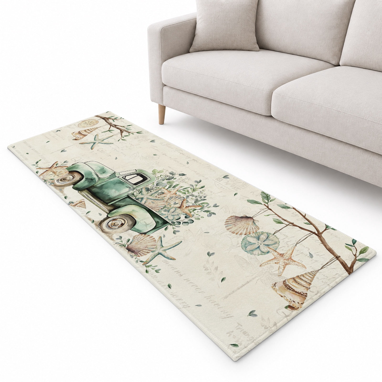 Sage Green Truck Runner Rug 2.6'x8', Ocean Starfish Shell Soft Mat Non ...
