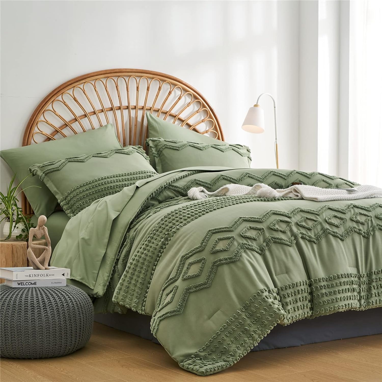 Sage Green Tufted Comforter Set King Size 7 Piece Bed in a Bag, Shabby