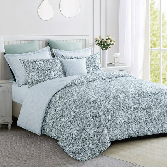 Sage Green Twin Comforter Set - Floral Comforter Set Reversible Gray Bed Comforter Set, 2 Pieces Toile Flowers Botanical Lightweight Soft Bedding Set with 1 Pillow Sham