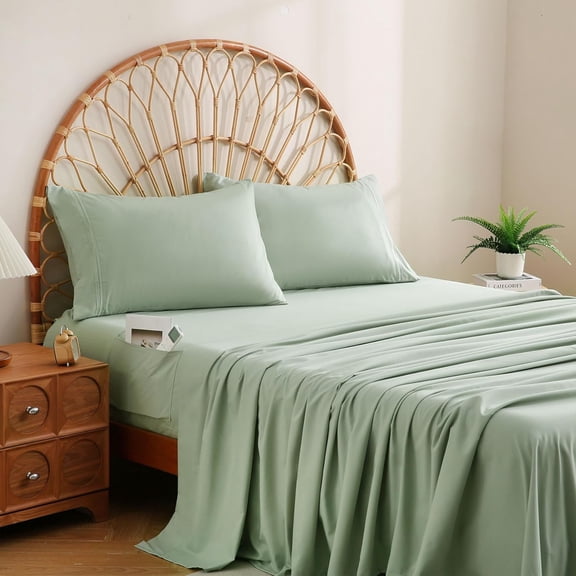 Sage Green Twin Sheet Set with Side Pocket Corner Straps, 3 Piece Soft Kids Microfiber Bed Sheets Extra Deep