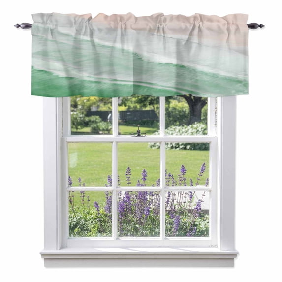 Sage Green Valance Curtain Gradient Sea Waves Sandy Beach Coastal Scenery Window Valances Rod Pocket Short Curtains Window Treatments for Kitchen Bedroom Bathroom Laundry 42" x 12"