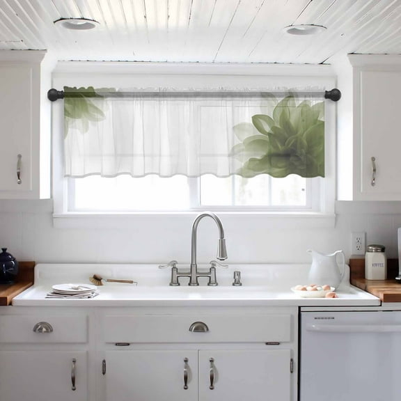 Sage Green Valance Curtains for Kitchen/Living Room/Bathroom/Bedroom Window, Boho Modern Floral Abstract Ombre Leaf White Rod Pocket Small Topper Half Short Window Curtains Voile Sheer Scarf 42"x12"