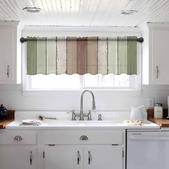 Sage Green Valance Curtains for Kitchen/Living Room/Bathroom/Bedroom Window, Farmhouse Wood Grain Vintage Brown Striped Rod Pocket Small Topper Half Short Window Curtains Voile Sheer Scarf 54"x18"
