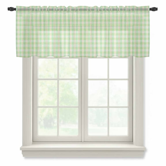 Sage Green Valance Curtains for Kitchen/Living Room/Bathroom/Bedroom Window, Rod Pocket Small Topper Half Short Window Curtains Voile Sheer Scarf, Grid Checkered Plaid Gingham Lattice Trellis 42"x12"