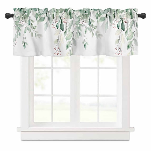 Sage Green Valances for Windows Eucalyptus Leaves Watercolor Leaf Red Fruit Farm Rod Pocket Curtain Valance Window Treatment Short Curtains for Kitchen Living Room, 42"x12"