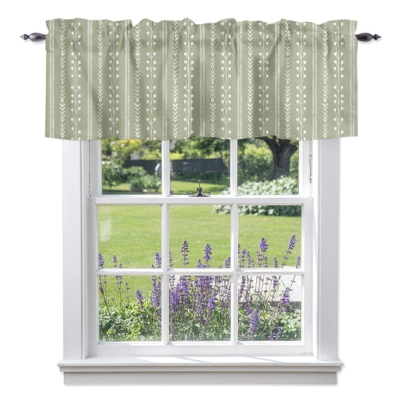 Sage Green Valances for Windows, Rustic Vertical Dashed Lines Shabby Chic Leaf Cottagecore Rod Pocket Valance Short Window Treatments Curtains for Kitchen Bathroom Bedroom Decor, 42 x 12 Inches