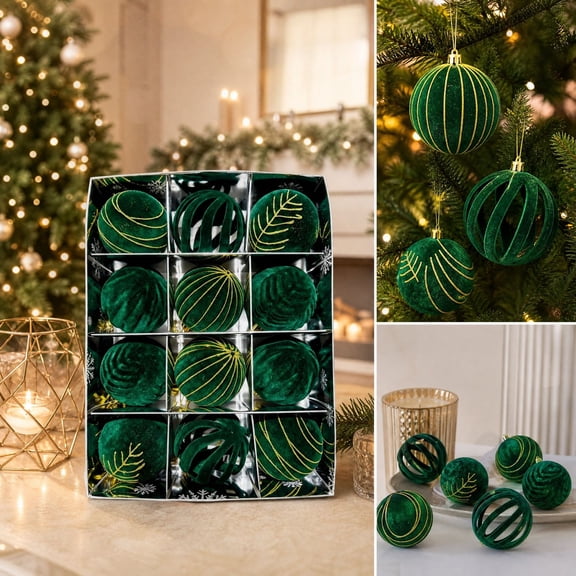 Sage Green Velvet Christmas Ornaments 12PCS 2.36 Inch Hollow Ball Set Modern Glam Style for Holiday Party Tree Decor
