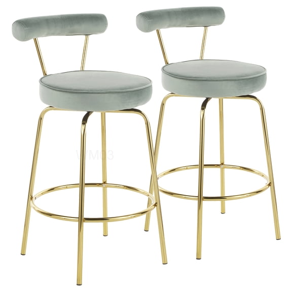Sage Green Velvet Counter Stools with Gold Metal Frame, Set of 2, 360 Swivel