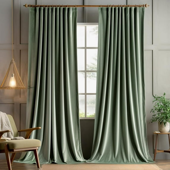 Sage Green Velvet Curtains 84 inches 2 Panels - Pinch Pleat Luxury Room Darkening Window Drapes for Bedroom Living Room Blackout Thermal Insulated Super Soft, Back Tab Rod Pocket, W52 x L84