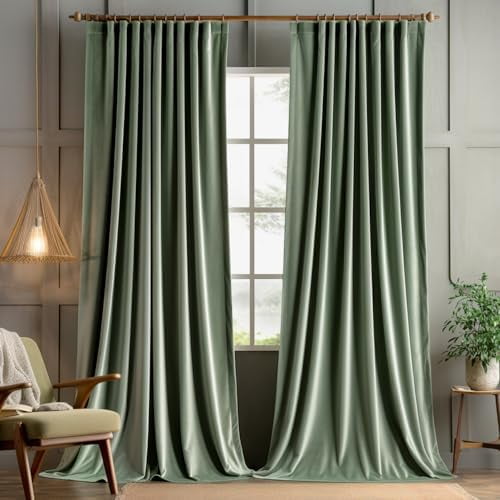 Sage Green Velvet Curtains 90 inches 2 Panels - Pinch Pleat Luxury Room Darkening Window Drapes for Bedroom Living Room Thermal Insulated Super Soft Blackout, Back Tab Rod Pocket, W52 x L90