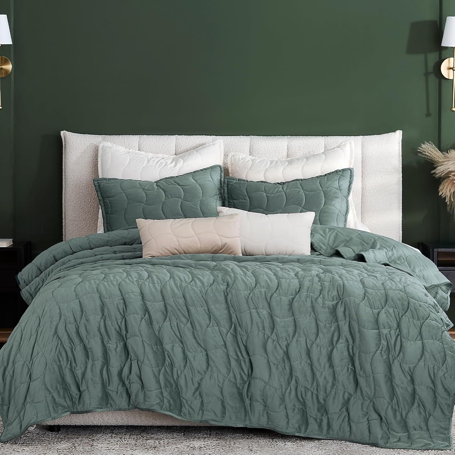 Sage Green Velvet Quilt Set King Size, Lightweight Luxury Crushed ...