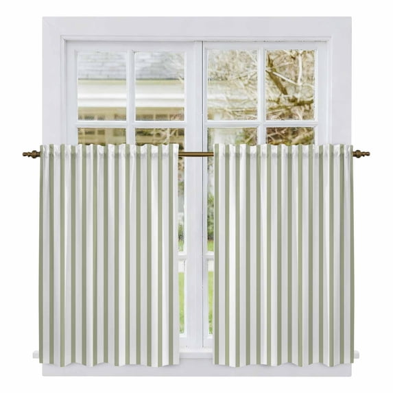 Sage Green Vertical Striped Tier Curtains 54 Inch Length, Farmhouse Thin Line Stripes Cafe Short Curtains for Bathroom Over Sink, Small Kitchen Curtain Light Filtering Drapes 2 Panels 27.5"Wx54"L