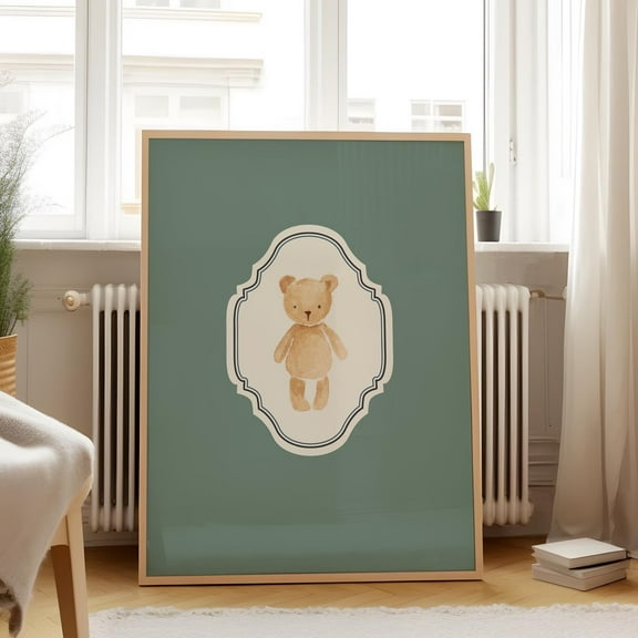 Sage Green Vertical Teddy Illustration Print, Trendy Decor, Nursery Decor, Vintage Wall Art, Modern Wall Decor For Living Room, 8x12 UNFRAMED