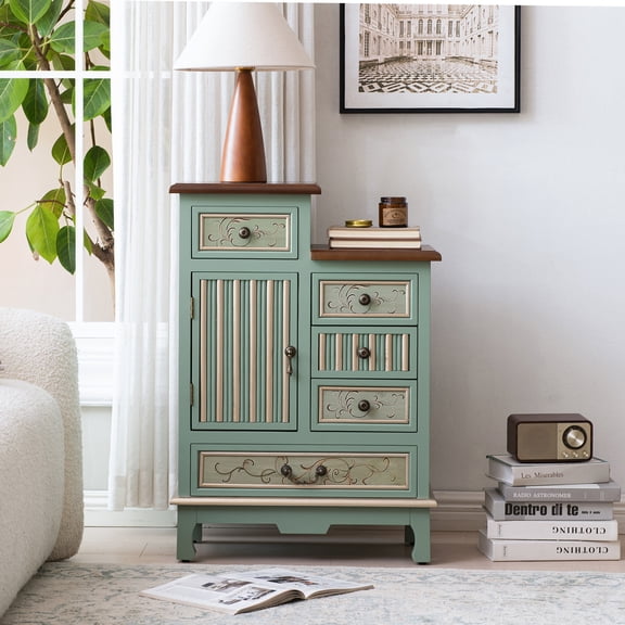 Sage Green Vintage Accent Storage Cabinet with Drawer and Door, Narrow Carved Wood Side Cabinet for Living Room, Bedroom or Small Spaces