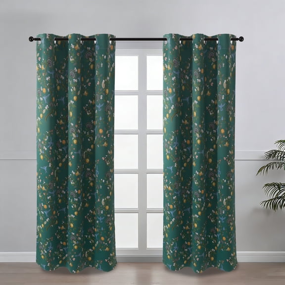 JJCOITR Sage Green Vintage Curtains Drapes Grommet Luxury Whimsical Floral Lemon Hummingbird Mid Century Colorful Blackout Drapes for Living Room Bedroom,1 Panels, 52"x84"