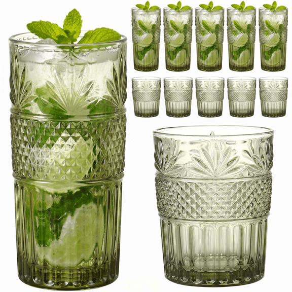 Sage Green Vintage Floral Embossed Glassware Set, 12 Pcs 12oz & 10oz Highball Cocktail Glasses, Elegant Decorative Drinking Cups