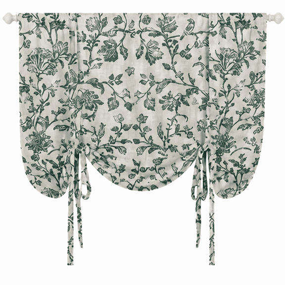 Sage Green Vintage Floral Tie Up Curtain, 42" W x 63" L, Adjustable Rod Pocket Light Filtering Polyester Window Treatment, Farmhouse Botanical Print for Kitchen, Bathroom, Small Windows