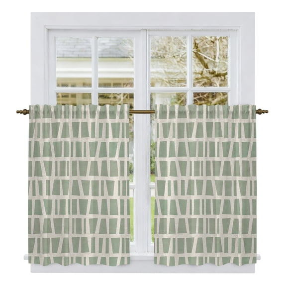 Sage Green Vintage Geometric Tier Curtains 54 Inch Length, Retro Art Rustic Aesthetics Cafe Short Curtains for Bathroom Over Sink, Small Kitchen Curtain Light Filtering Drapes 2 Panels 27.5"Wx54"L