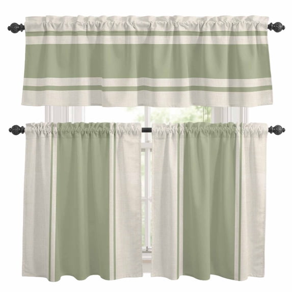 Sage Green Vintage Kitchen Curtains Sets for Windows 36 Inch Length, Geometric Stripes Simple Lines Rod Pocket Window Treatments Tier Curtains and Valances Set for Bedroom/Bathroom