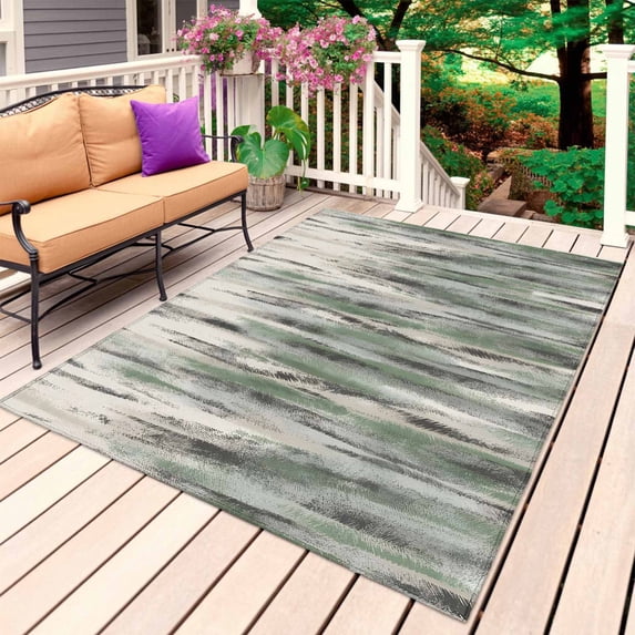 Sage Green Vintage Outdoor Rug 3x5 Ft, Non Slip Washable Area Rug, Stripes Painting Retro Abstract Art Patio Rugs Carpet Runner, Large Floor Mat for Indoor/Outdoor Deck Porch Camping