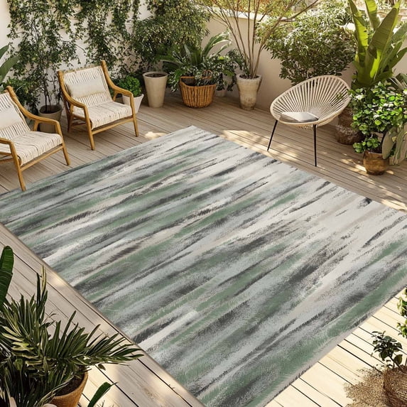 Sage Green Vintage Outdoor Rug for Patio/Deck/Porch, Non-Slip Large Area Rug 3 x 5 Ft, Stripes Painting Retro Abstract Art Indoor Outdoor Rugs Washable Area Rugs, Reversible Camping Rug Carpet Runner
