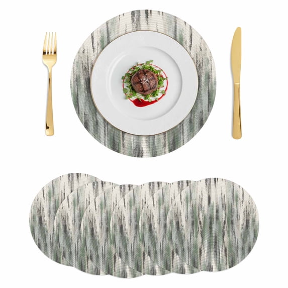 Sage Green Vintage Round 13 Inch Placemats Set of 6, Stripes Painting Retro Abstract Art HeatResistant Non Slip Place Mats for Dining Table, Wipeable Braided Kitchen Table Mats for Housewarming