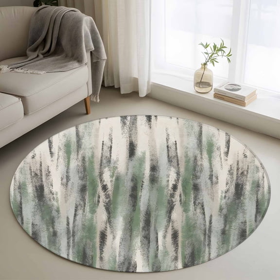 Sage Green Vintage Round Area Rug 3.3Ft Washable Circle Rugs for Dining Room Table, Stripes Painting Retro Abstract Art Non-Slip Carpet Floor Mats Indoor Outdoor Carpet Runner Aesthetic Home Decor