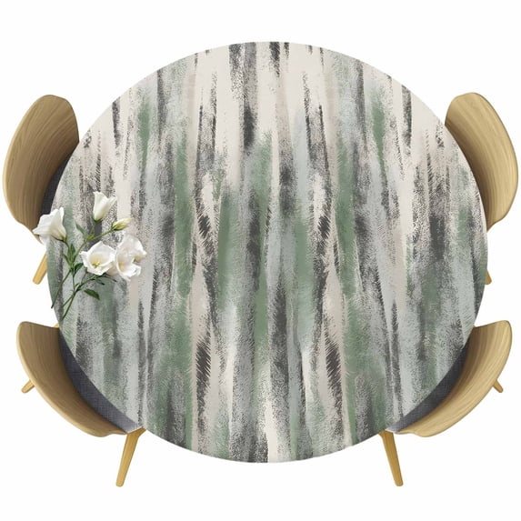 Sage Green Vintage Round Tablecloth, Fitted Table Cover with Elastic for 55"-60" Round Tables, Stripes Painting Retro Abstract Art Table Cloth Outdoor Indoor Dinning Party Waterproof Tablecloths