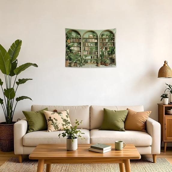 Sage Green Vintage Tapestry Botanical Bookshelf Wall Hanging Fake ...