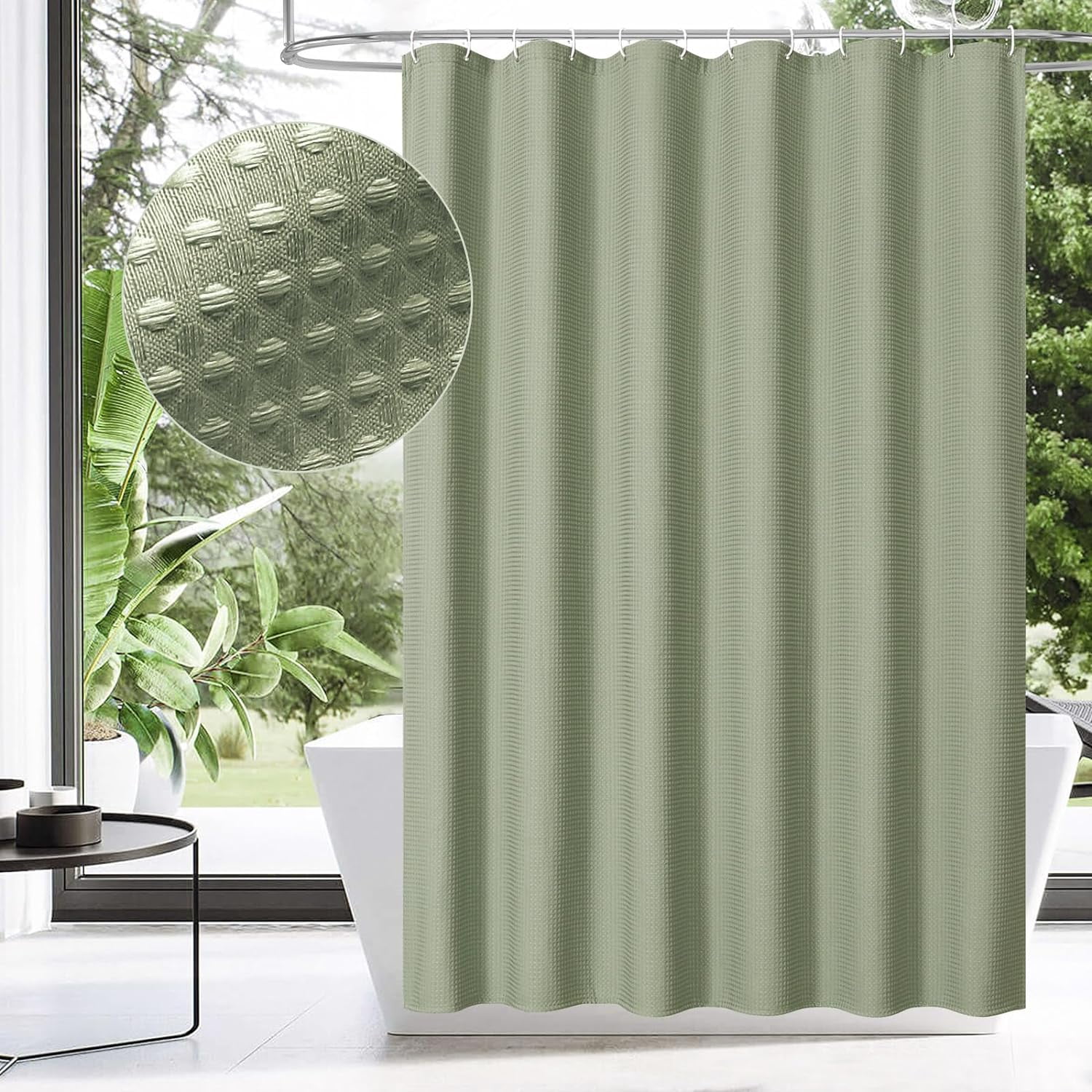 Sage Green Waffle Fabric Shower Curtain, Heavyweight Cloth Shower ...