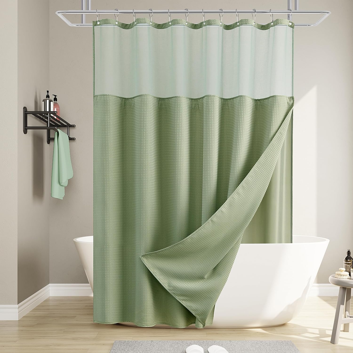 Sage Green Waffle Shower Curtain Set With Snap-In Liner, 240Gsm Modern ...