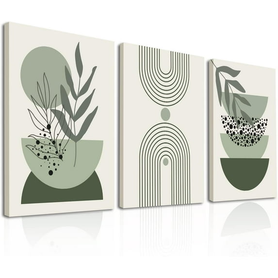 Sage Green Wall Art Decor, Minimalsit Boho Wall Art Set of 3,Framed Canvas Wall Art Geometric Line Leaf Sun Moon Beige Green Wall Decor, Boho Wall Decor, Modern Boho Prints & Posters for Living Room