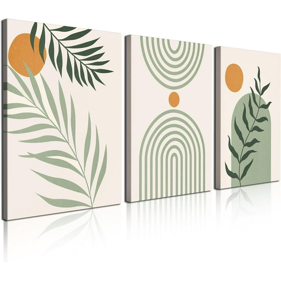Sage Green Wall Art Framed Canvas Boho Wall Art, Mid Century Modern Decor, Neutral Abstract Geometric Canvas Prints Botanical Boho Bathroom Wall Decor for Bedroom Living Room 12x16in
