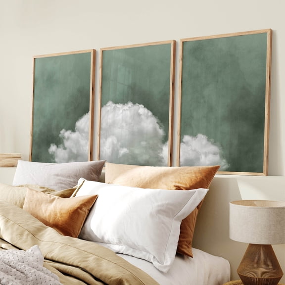 Sage Green Wall Decor Over the Bed, Cloud Painting, Prints, Above Bed Decor, Large Bedroom Wall Art, White, Calming Zen Wall Art, Poster Only