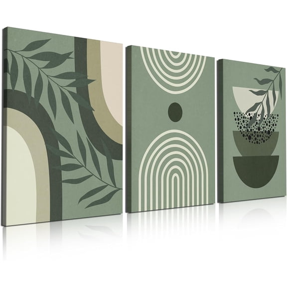 Sage Green Wall Posters & Prints, 12x16 Inch Boho Wall Art Set of 3 Canvas Wood Framed Botanical and Minimalist Pictures, Waterproof | Anti-fade | Lightweight | Sturdy | Easy to Hang Wall Decor