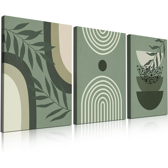 Sage Green Wall Posters & Prints, 12x16 Inch Boho Wall Art Set of 3 Canvas Wood Framed Botanical and Minimalist Pictures, Waterproof | Anti-fade | Lightweight | Sturdy | Easy to Hang Wall Decor