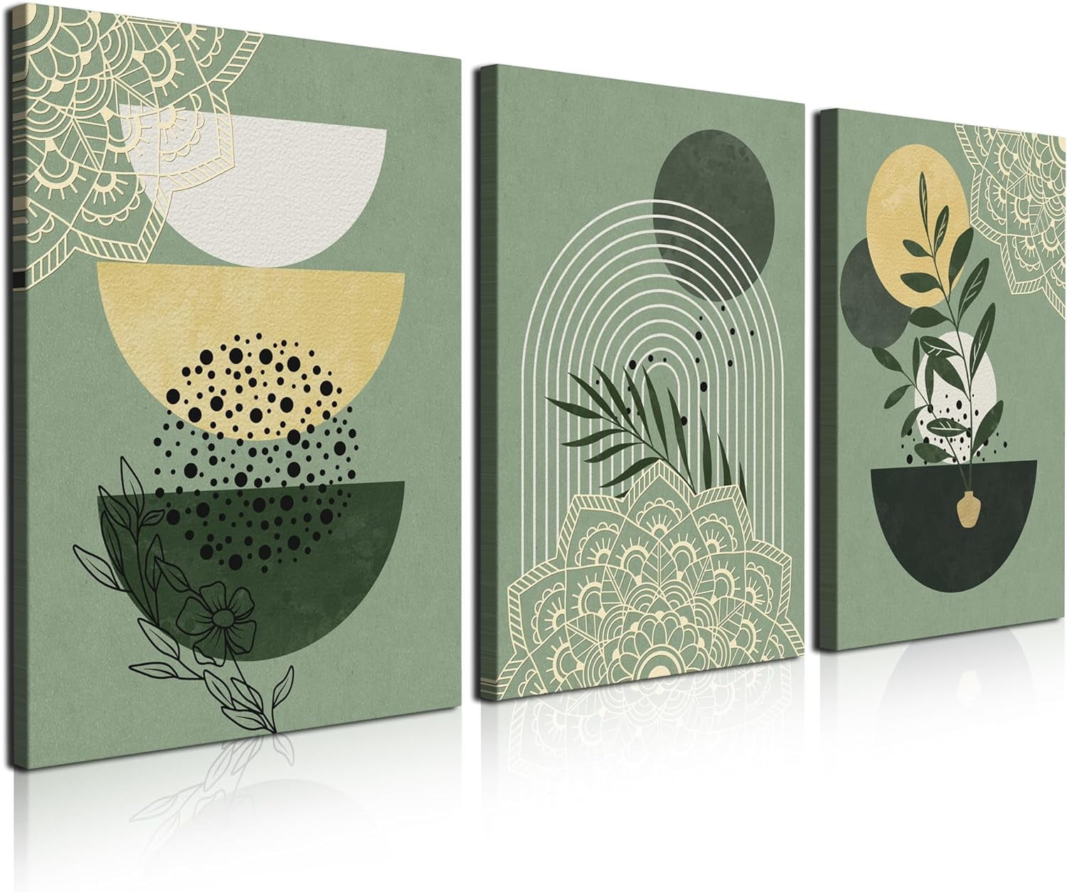 Sage Green Boho Abstract Canvas Wall Art Set