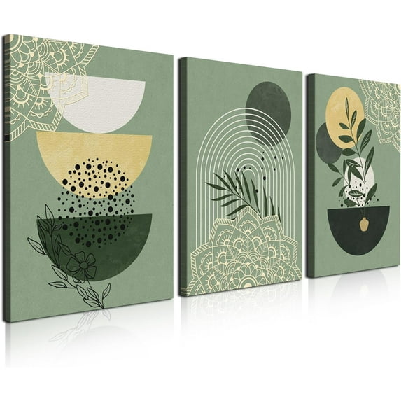 Sage Green Wall Posters & Prints, Boho Wall Art Set of 3, Minimalist Framed Canvas Wall Art Geometric Leaf Sun Moon Sage Green Mandala Wall Art for Bathroom Living Room Boho Wall Decor