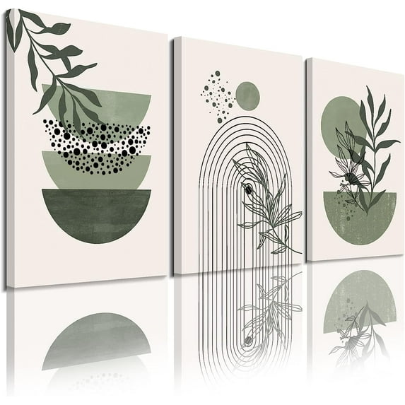 Sage Green Wall Posters & Prints, Green Boho Wall Art Set of 3, Minimalist Framed Wall Art Geometric Line Leaf Sun Moon Beige Green Canvas Artwork Paintings