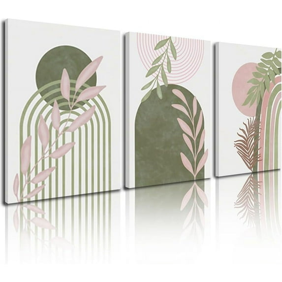 Sage Green Wall Posters & Prints, Sage Green Wall Decor Green Boho Wall Art Set of 3, Boho Minimalist Framed Wall Art Geometric Line Leaf Sun Moon Pink Green Canvas Artwork Paintings 12"X16"