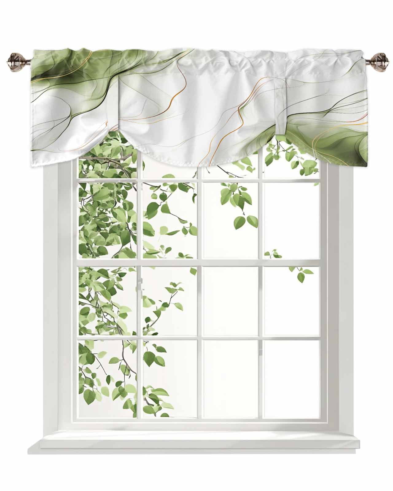 Sage Green Water Ripple Tie Up Valances Curtain, Adjustable Kitchen Vintage Abstract Valances for Windows Decor, Rod Pocket Short Curtains Set for Bedroom/Bathroom, 60"x18"