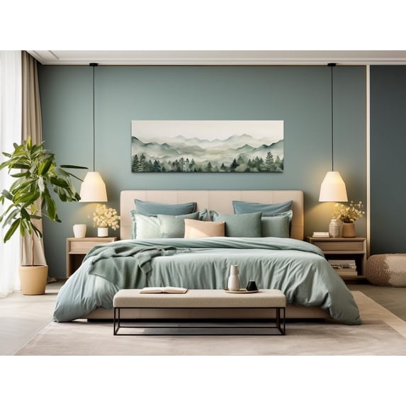 Sage Green Watercolor Mountains Lake Print Poster Long Horizontal Wall Art Canvas Artwork Wall Decor Prints Painting Art Prints Picture Home Farmhouse Decoration No Frame