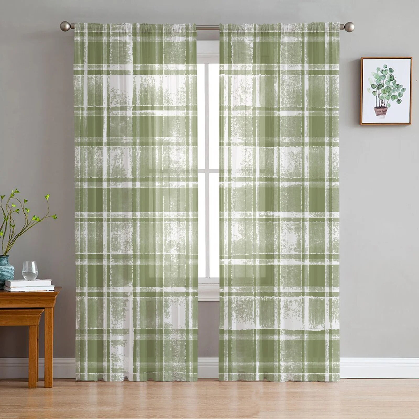 Sage Green Watercolor Plaid Tulle Curtains for Living Room Sheer ...