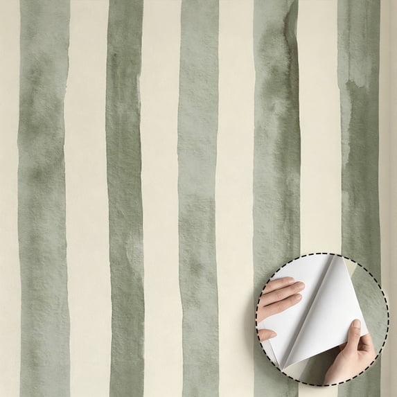 Sage Green Watercolor Stripe Wallpaper Minimalist Aesthetic Farmhouse Modern Self Adhesive Removable Waterproof Wall Decor for Living Room Bedroom Kitchen Cabinet Drawer Dorm Room 17.7 * 118 in
