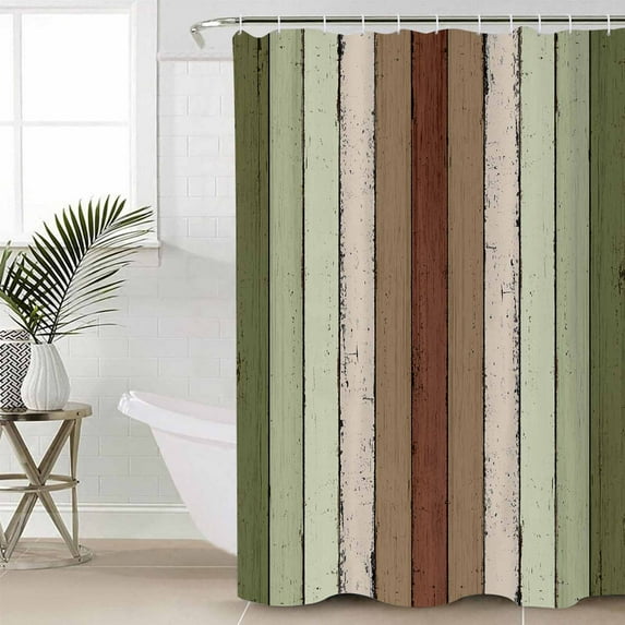 Sage Green Waterproof Fabric Shower Curtain, Farmhouse Wood Grain Vintage Brown Striped Shower Curtain for Bathroom Curtains Bathtubs Hotel Washable Shower Curtains with 12 Hooks Stall 54x78in