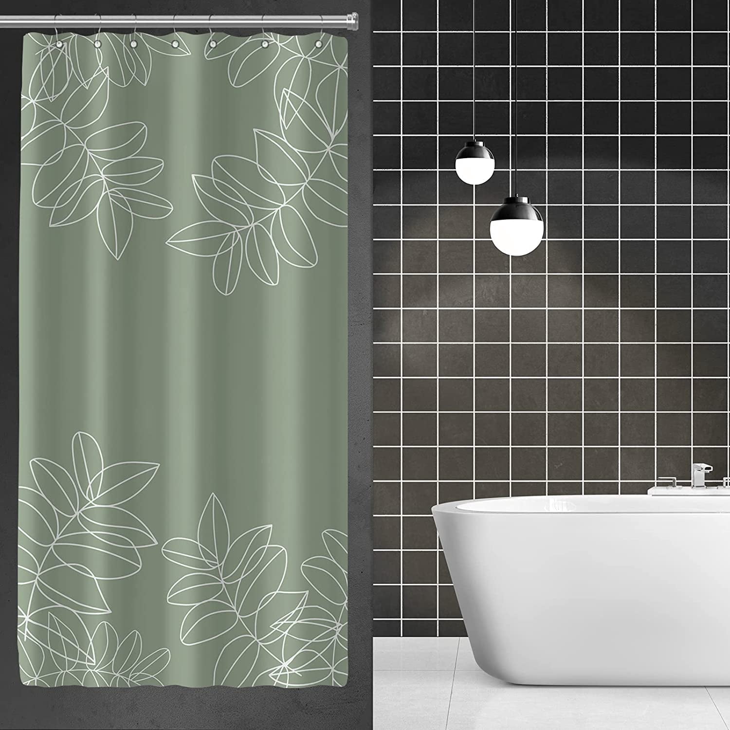 Sage Green Waterproof Shower Curtains for Bathroom White Leaf Bath ...