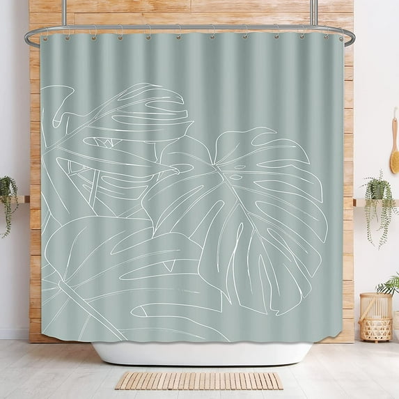 Sage Green Waterproof Shower Curtains for Bathroom White Leaf Bath Curtains Decor with Hooks Minimalist Botanical Leaves Decorative Plant Fabric Shower Curtains Hotel,72x72 Inches